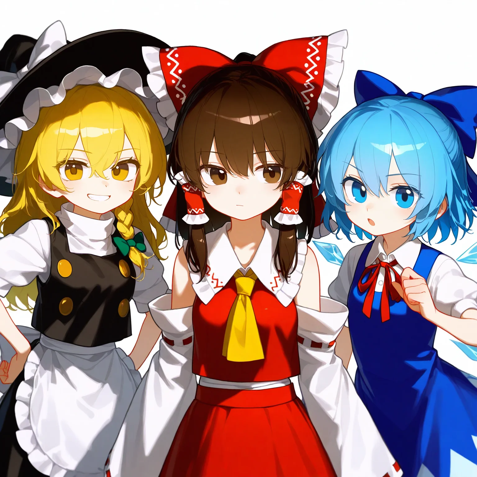 masterpiece, best quality,
cirno, hakurei reimu, kirisame marisa, 3girls, apron, ascot, bare shoulders, black skirt, black vest, blonde hair, blue bow, blue dress, blue eyes, blue hair, bow, braid, brown eyes, brown hair, collared shirt, detached sleeves, detached wings, dress, fairy, hair bow, hair tubes, hat, hat bow, ice, ice wings, japanese clothes, long hair, multiple girls, nontraditional miko, one-hour drawing challenge, pinafore dress, red bow, red skirt, ribbon-trimmed sleeves, ribbon trim, sarashi, shirt, short hair, short sleeves, sidelocks, simple background, single braid, skirt, sleeveless, sleeveless dress, vest, waist apron, white apron, white background, white bow, white shirt, white sleeves, wide sleeves, wings, witch hat, yellow ascot, yellow eyes
<lora:antifreez3_illustrious_v1:1>