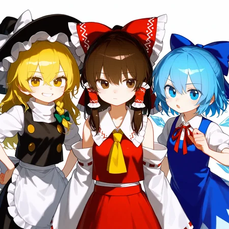 masterpiece, best quality,
cirno, hakurei reimu, kirisame marisa, 3girls, apron, ascot, bare shoulders, black skirt, black vest, blonde hair, blue bow, blue dress, blue eyes, blue hair, bow, braid, brown eyes, brown hair, collared shirt, detached sleeves, detached wings, dress, fairy, hair bow, hair tubes, hat, hat bow, ice, ice wings, japanese clothes, long hair, multiple girls, nontraditional miko, one-hour drawing challenge, pinafore dress, red bow, red skirt, ribbon-trimmed sleeves, ribbon trim, sarashi, shirt, short hair, short sleeves, sidelocks, simple background, single braid, skirt, sleeveless, sleeveless dress, vest, waist apron, white apron, white background, white bow, white shirt, white sleeves, wide sleeves, wings, witch hat, yellow ascot, yellow eyes
<lora:antifreez3_illustrious_v1:1>