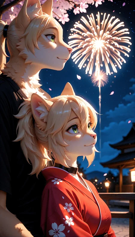 masterpiece, best quality, amazing quality, very aesthetic, high resolution, ultra-detailed, absurdres, newest, scenery, furry, anthro, {Prompt}, BREAK, detailed background, detailed hair, depth of field, detailed fluffy fur, photorealistic details, night time,HDeyes,
BREAK
Page,1girl,solo,furry female,cat girl,blonde hair,ponytail,cat ears,animal ear fluff,animal nose,body fur,cat tail,green eyes,HDeyes,
BREAK
male furry,sitting with man,no collar,
Red Kimono, watching fireworks, outside, cherry blossoms, night, people blurred out, head shot, veiwed from side, close up, (focus face:1.3),