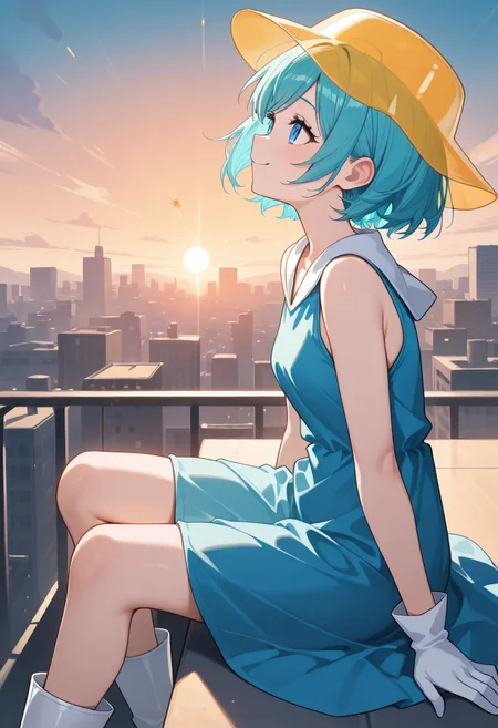 1girl,solo,<lora:minppnil-000012:0.9>,minppn,short hair,blue hair,aqua hair,blue eyes,transparent hat,yellow hat,blue dress,loose shirt,blue shirt,sleeveless,white gloves,boots,cowboy_shot,from_side,smile,sitting,sunset,sun,city,cityscape,head_back,looking_afar,incredibly absurdres,masterpiece,best quality,good quality,newest,
