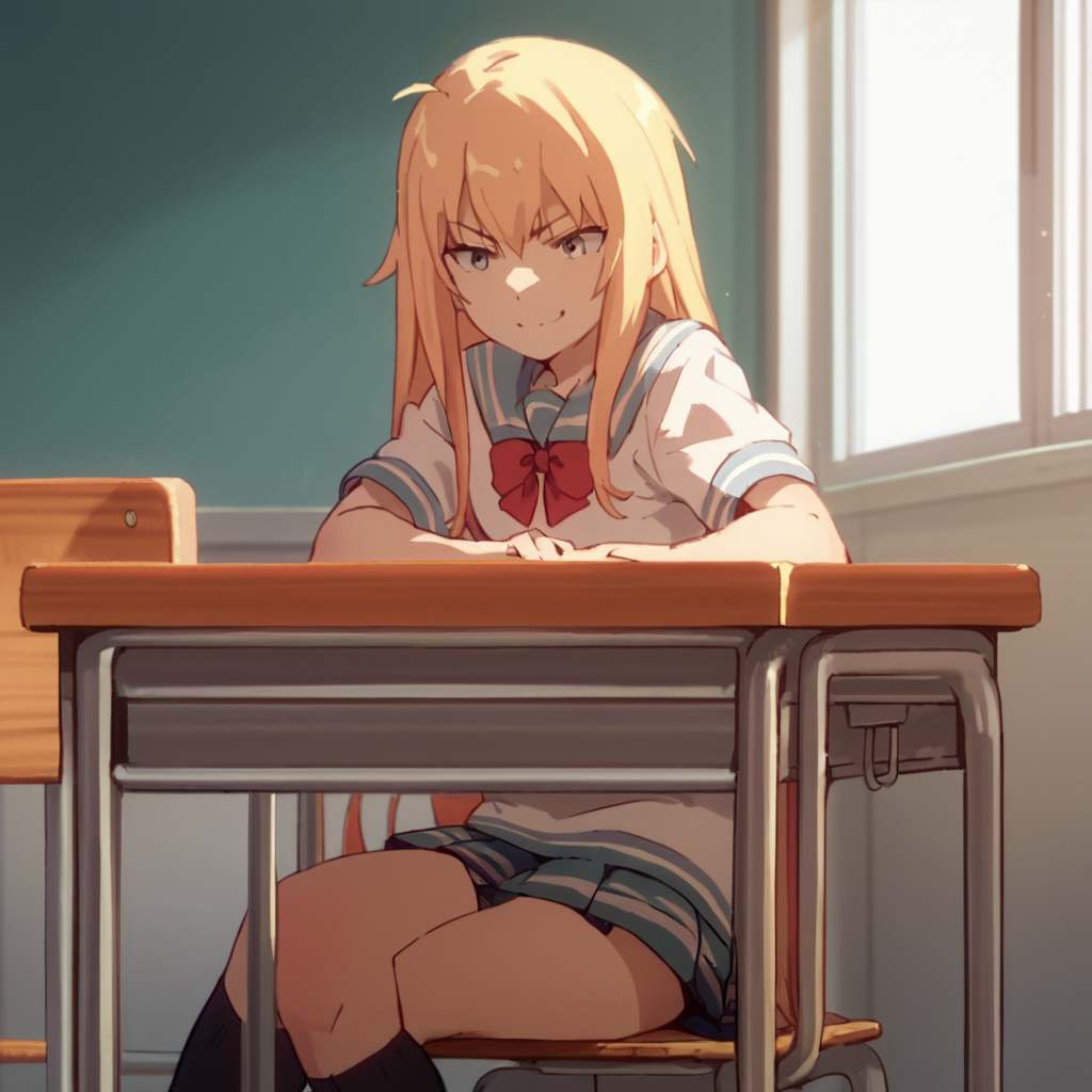score_9, score_8_up, score_7_up, score_6_up, score_5_up, score_4_up, source_anime,  Gabriel_DO, school uniform, smirk, sitting, class room,