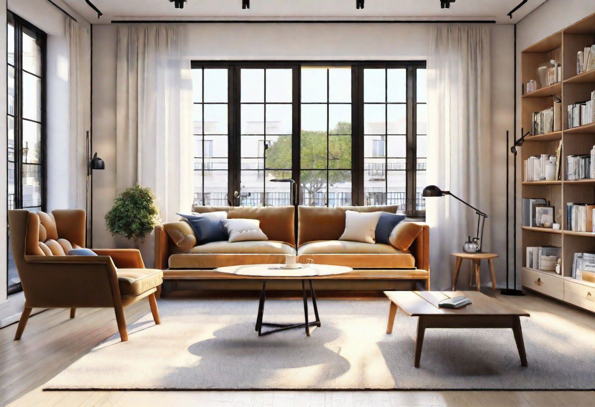 ((front view)), ((animation style)), modern-style interior, with white walls, (large windows), Nordic-style furniture, a  study, Sofa, coffee table, bookcase, single wall, 
warm light morning sun, (the view of the city)