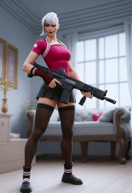 IllustriousQual <lora:StS-Illustrious-Detail-Slider-v1.0:2> <lora:cfg_scale_boost:0.3> <lora:Frosted_Flurry_IL_-_V1:0.8> FrostedFlurryIL, female, white hair, blue eyes, holiday outfit, snowflake-themed, buzz cut, short hair, fingerless glove,detailed_background,indoors,symbol-shaped pupils,long hair,skirt,gun,holding,assault rifle,black thighhighs,hairband,rifle,weapon,gloves,robinson armaments xcr,black skirt,full body,holding gun,girls&