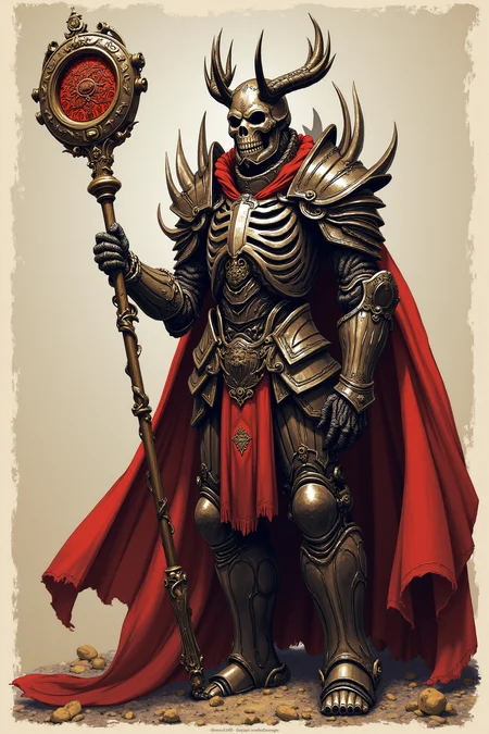 In REME's War Poster Style, highlights, holding a staff with a round symbol, posed against a plain background, intricate armor design with sharp and flowing lines, dramatic lighting emphasizing the skeletal features, a sense of power and mystique, the vibrant color scheme and detailed textures creating a compelling and with intricate textures and vibrant colors. The scene should include a rich variety of elements, each contributing to the overall atmosphere. Lighting should be soft, diffused, and natural, enhancing the depth and realism of the scene. The mood is to be calm yet vibrant, creating a sense of serenity and wonder. Every detail in the scene should be meticulously rendered, emphasizing the contrast between light and shadow, and capturing the fine textures and subtle gradients. The color palette should be carefully chosen to evoke emotion, with each hue enhancing the aesthetic appeal of the overall composition. The final image should be immersive and captivating, drawing the viewer into its intricately detailed world.