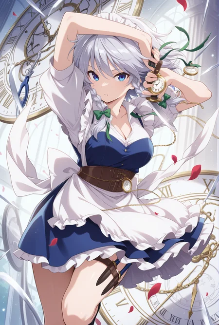 absurdres, highres, masterpiece, best quality, amazing quality, official anime artwork, screencap, anime screencap, looking at viewer, parted lips, dynamic pose, light particles,
clock,knife, pocket watch, roman numeral, weapon,
<lora:Sakuya-Izayoi_illustrious:1> izayoi sakuya, 1girl, solo, blue eyes, twin braids, medium breasts, maid headdress, apron, puffy sleeves, holding knife, danmaku,