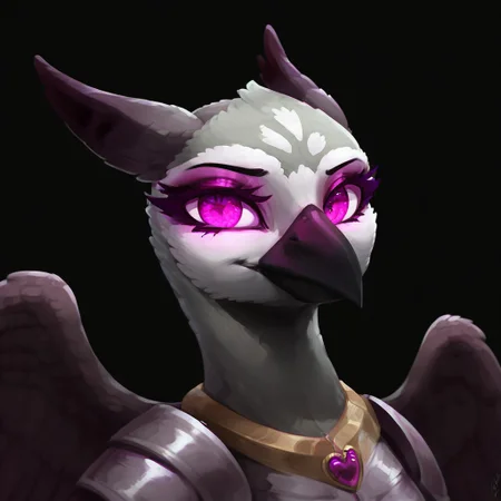masterpiece, score_9, score_8_up, score_7_up, (best quality:1.1), ultra-detailed, high resolution, 1character, beak, wings, female, black background, princess sköldsvärd, corrupted, jewelry, evil, (((beautiful detailed purple eyes))), Long eyelashes, Looking At Viewer, Highly Visible, (((8k))), from Equestria at War glowing eyes, armor, griffon, solo, looking at viewer, feathery ears, day, sunny, perfect lighting, outdoors, detailed background, zPDXL2