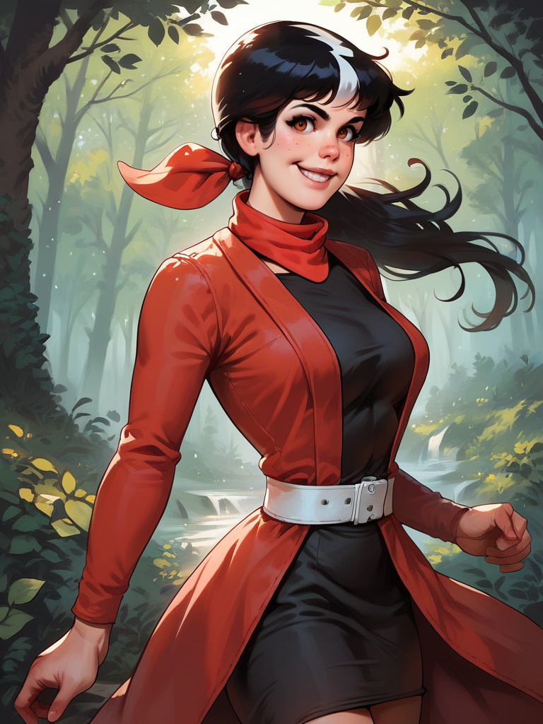 score_9, score_8_up, score_7_up, score_6_up, 1girl, v, dynamic pose, smile, looking at viewer, forest, cowboy shot, 
<lora:AlexandraCabot_character-10V2:0.85>, AlexandraXLP, long hair, ponytail, black hair, white lock, red coat, black dress, white waist belt, solo, bandana, cartoon, <lora:Realistic_2.5DAnime_Merge1:0.6>,