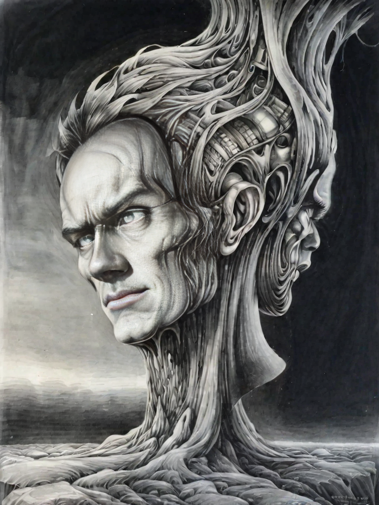 <lora:sur-mono_XL:1>, sur-mono_XL, monochrome, line sketch, surrealistic, in the style of Brett Manning