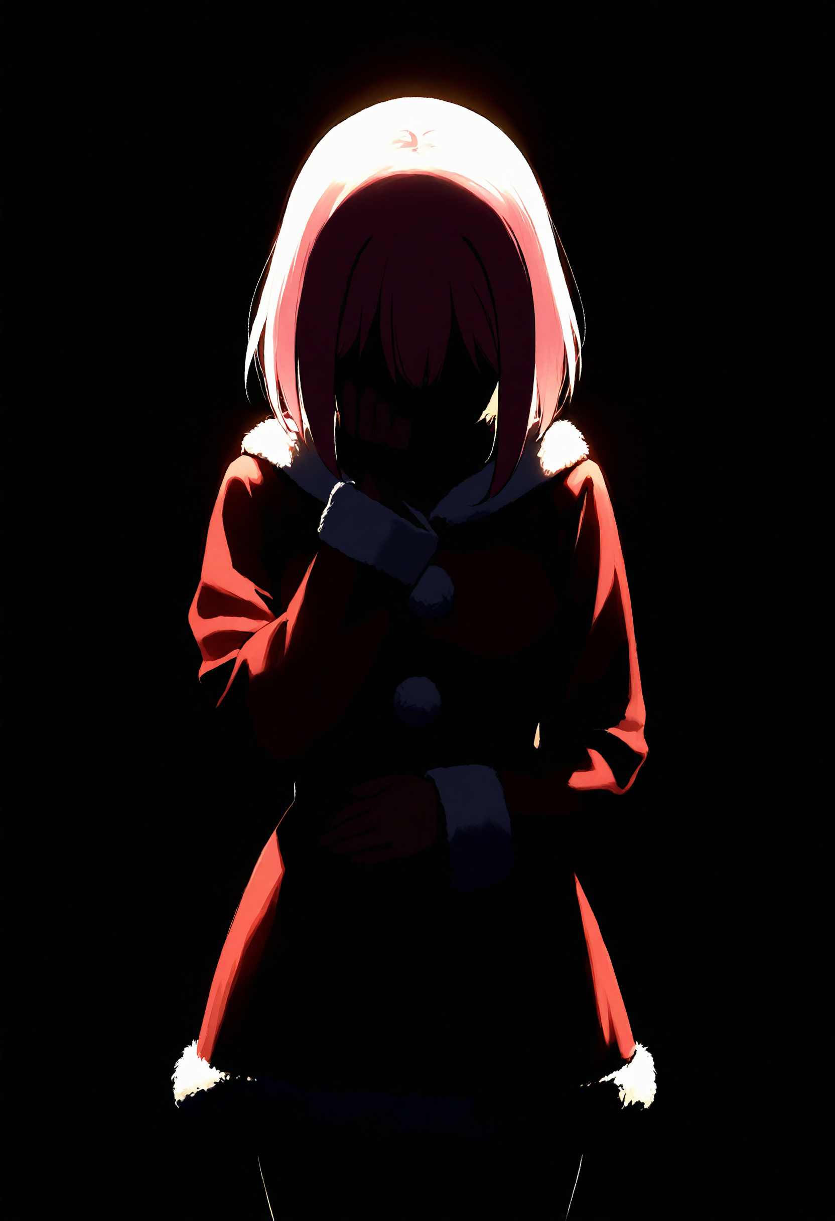 1girl, yui \(princess connect!\), santa costume, standing, head down, looking down, hand on own stomach, hand on own face, shaded face, straight-on, cowboy shot, dark background, backlighting, best quality, masterpiece, very aesthetic