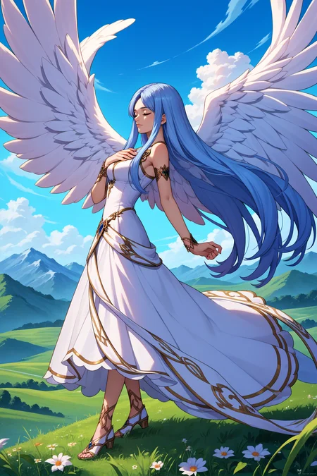 score_9, score_8_up, score_7_up, score_6_up, source_anime, 1girl, solo, <lora:ysfeena-pdxl-nvwls-v1-000004:1> angelFeena, light blue hair, very long hair, blue eyes, angel wings, white dress, armlet, bracelet, big breasts, hand on own chest, from side, closed eyes, mountains, blue sky, clouds, wide shot, field, full body