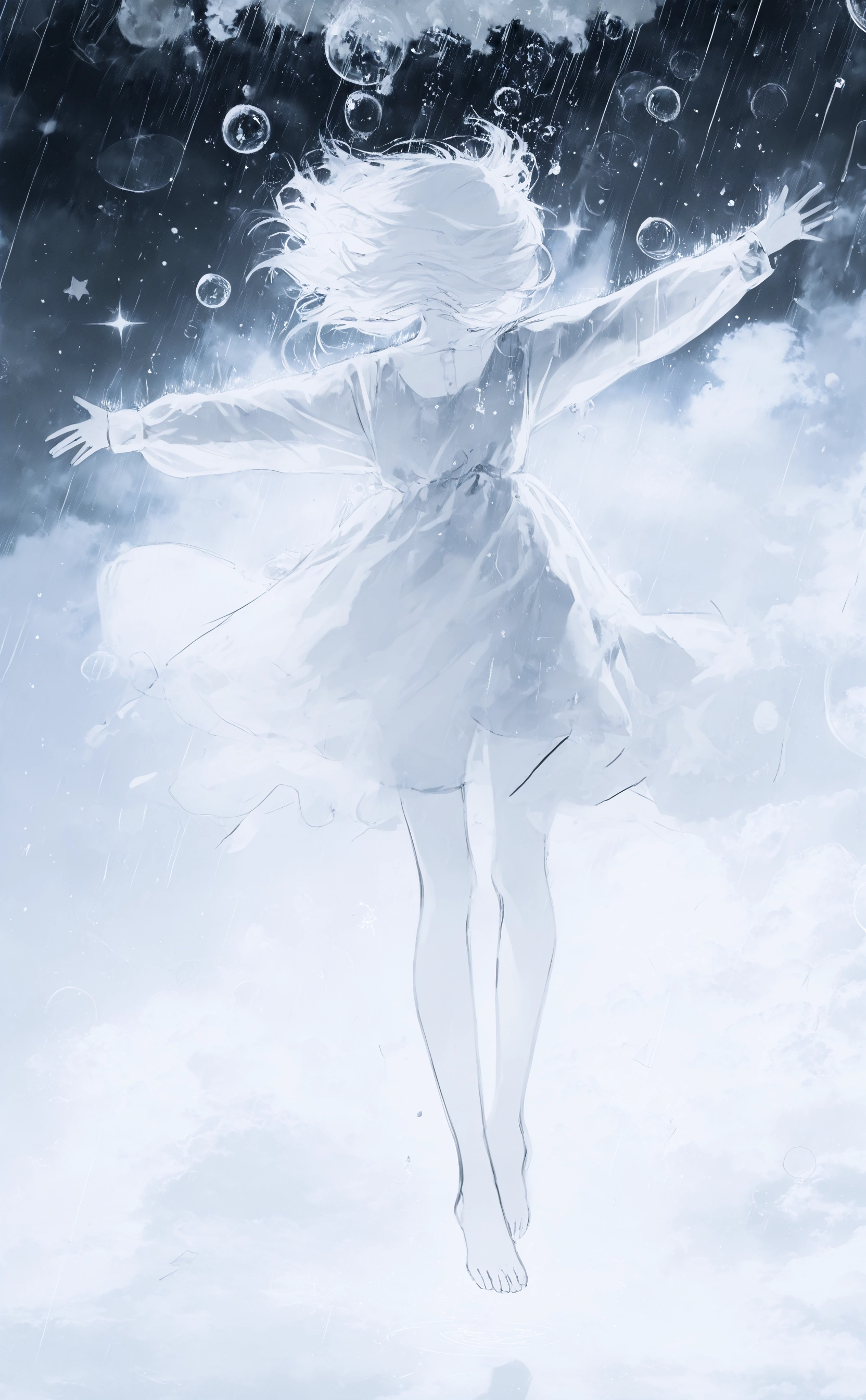 masterpiece, best quality, good quality, very awa, newest, highres, absurdres, 1girl, solo, long sleeves, dress, full body, white hair, monochrome, sky, barefoot, medium hair, cloud, outstretched arms, star \(sky\), floating, rain, bubble, spread arms, falling, CHOo1NE_illu, digital painting, <lora:noobai_ep11_stabilizer_v0.138_fp16:0.3> <lora:lpc_v10:0.4> <lora:CHOo_illu:1> <lora:ODd5YW5hZ2krd2Fua2U=-waiNSFWIllustrious_v130_V1-CAME:0.4>
