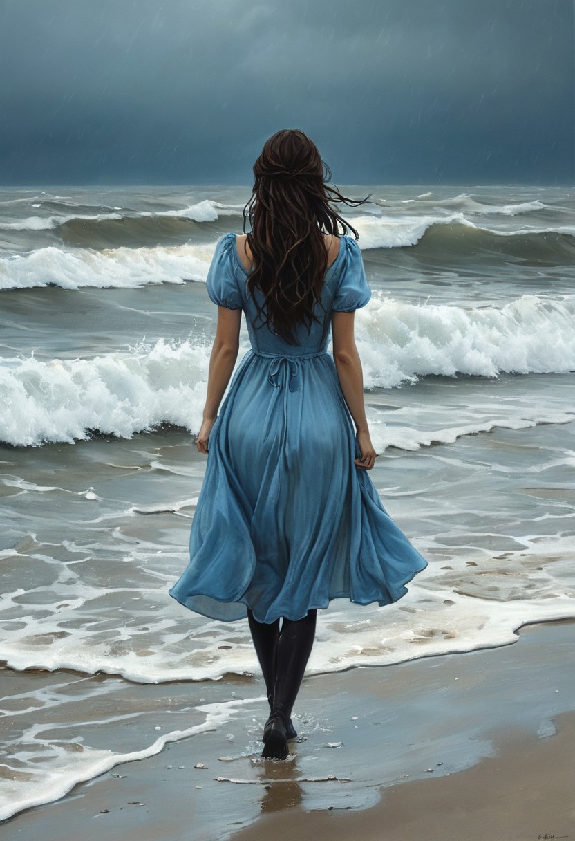 (water-colored), illustration, style of Jessica Galbreth,
(far view, far shot, rear view, facing away:1.3),
(Alice, very long dark brown hair,  hair rim lighting, hair in the wind, blue maid dress with short sleeves, black tights, black shoes:1.5), 
fog, dreamy, dream, sand, waves,
(walking in sea, in water, beach, raining, rain drops, storm, lighting:2)