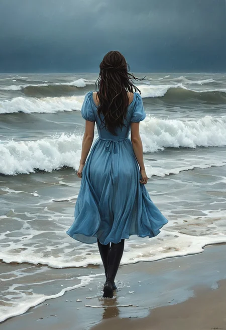 (water-colored), illustration, style of Jessica Galbreth,
(far view, far shot, rear view, facing away:1.3),
(Alice, very long dark brown hair, hair rim lighting, hair in the wind, blue maid dress with short sleeves, black tights, black shoes:1.5),
fog, dreamy, dream, sand, waves,
(walking in sea, in water, beach, raining, rain drops, storm, lighting:2)