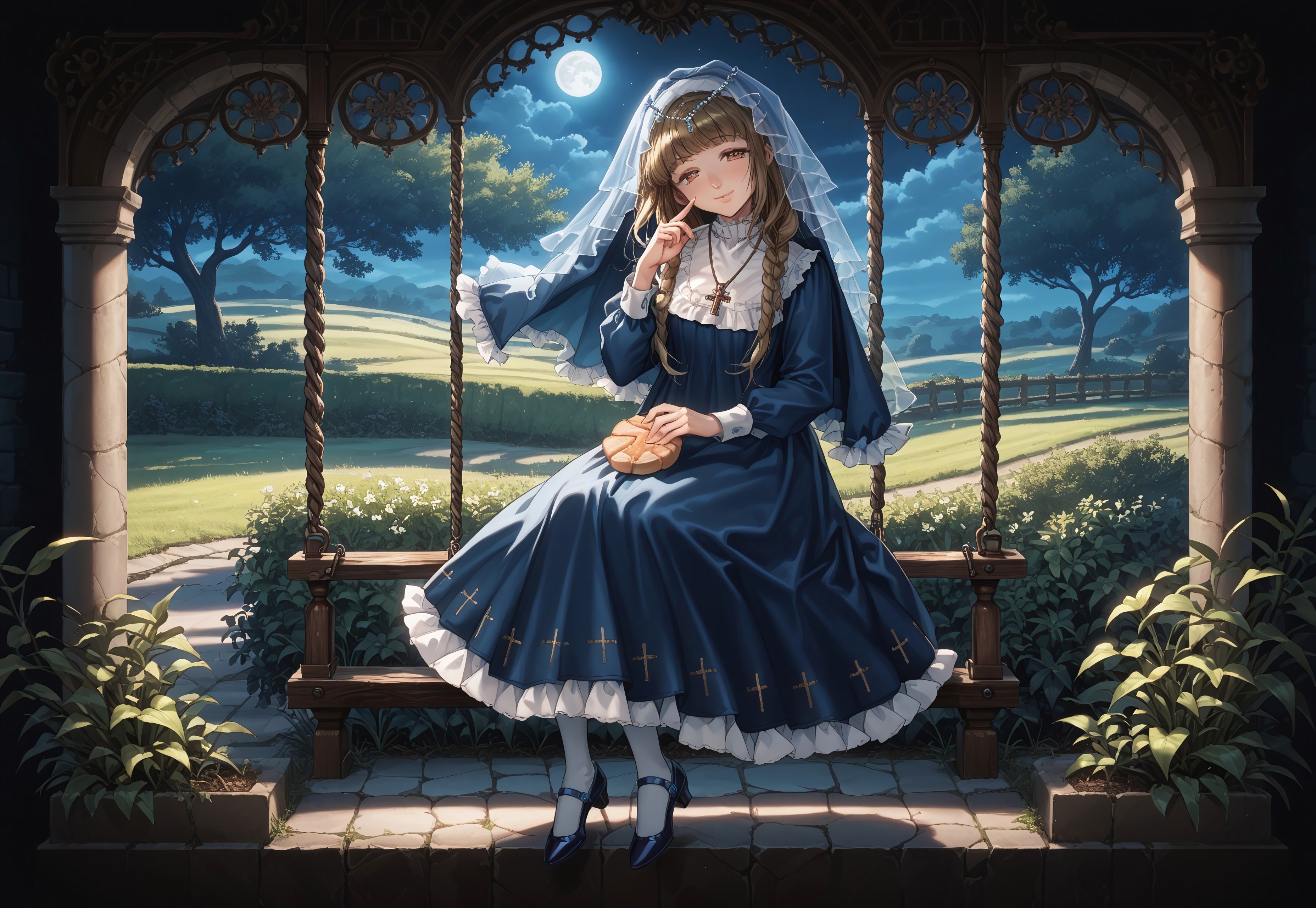 safe_pos, score_9, score_8_up, score_7_up, source_anime, highly detailed, dynamic lighting, 1girl, solo, Lebkuchen, blue dress, veil, necklace, white pantyhose, blue shoes, glossy hair, glossy lips, head tilt, light smile, dynamic lighting, full body shot, detailed background, moonlight radiance, half closed eyes, masterpiece, best quality, (ultra detailed background, delicate pattern, intricate detail:1.3), highly detailed, fine details, ambient light, soft lighting, bright face, illuminated face, (perfect finger:1.1), (perfect hand:1.1), very detailed hands, beautiful face, beautiful eye, detailed face and eyes, medium breasts, glamorous, blush, (outdoors:1.15), night, moon, (((sitting on a tree swing))), wild rose bushes within a garden of white lilies, (((dynamic swing pose))), full body view, dark shadows, (((dim lighting))), bread on lap, side view, view from above pov
