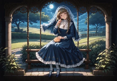 safe_pos, score_9, score_8_up, score_7_up, source_anime, highly detailed, dynamic lighting, 1girl, solo, Lebkuchen, blue dress, veil, necklace, white pantyhose, blue shoes, glossy hair, glossy lips, head tilt, light smile, dynamic lighting, full body shot, detailed background, moonlight radiance, half closed eyes, masterpiece, best quality, (ultra detailed background, delicate pattern, intricate detail:1.3), highly detailed, fine details, ambient light, soft lighting, bright face, illuminated face, (perfect finger:1.1), (perfect hand:1.1), very detailed hands, beautiful face, beautiful eye, detailed face and eyes, medium breasts, glamorous, blush, (outdoors:1.15), night, moon, (((sitting on a tree swing))), wild rose bushes within a garden of white lilies, (((dynamic swing pose))), full body view, dark shadows, (((dim lighting))), bread on lap, side view, view from above pov