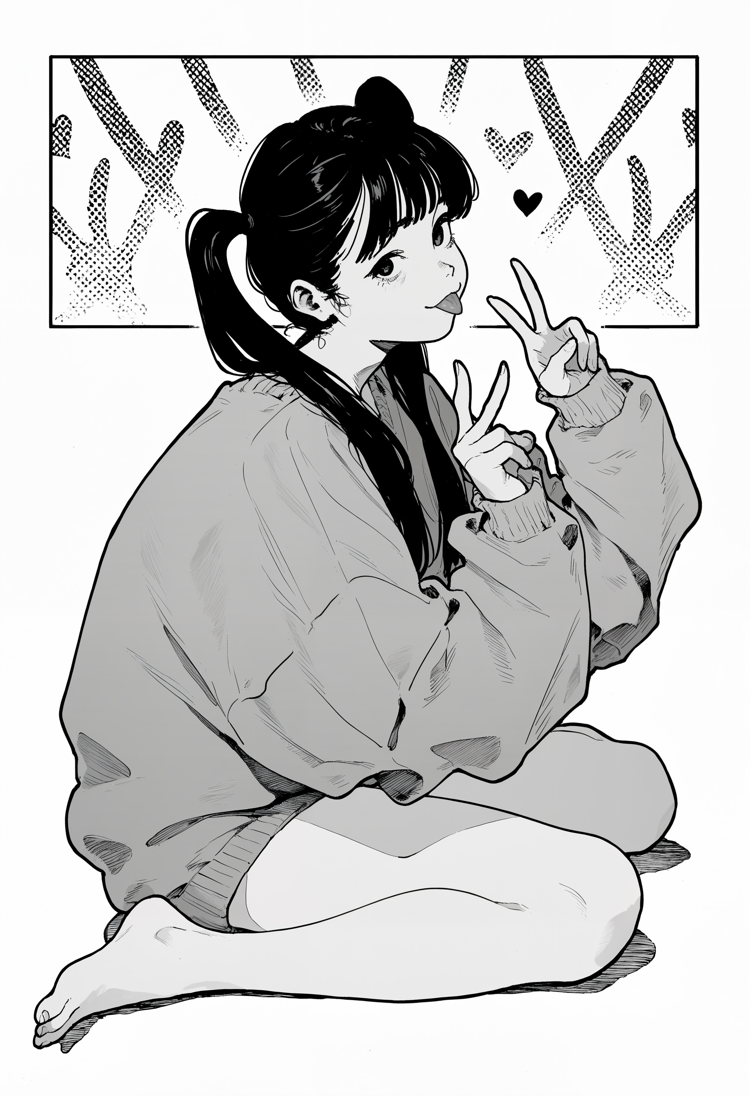 amazing quality, newest, absurdres, realistic, white background, monochrome, hatching \(texture\),   1girl, solo, :p, long twintails, long hair, double v, paneled background, paneled scenery, from side, wariza, sitting, sweater, looking at viewer, heart,   <lora:takayanagi_katsuya-000027>