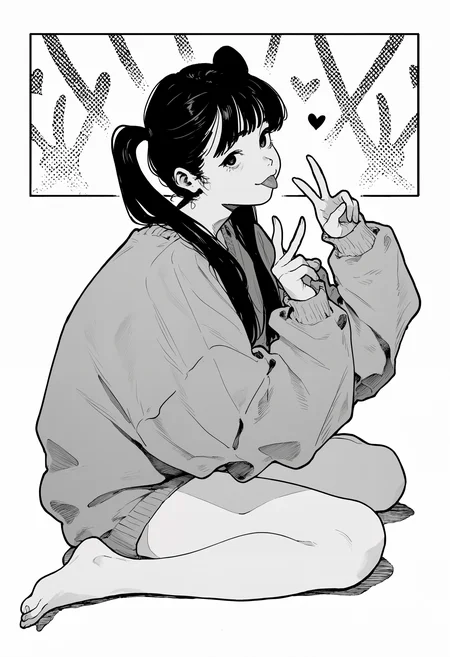 amazing quality, newest, absurdres, realistic, white background, monochrome, hatching \(texture\), 1girl, solo, :p, long twintails, long hair, double v, paneled background, paneled scenery, from side, wariza, sitting, sweater, looking at viewer, heart, <lora:takayanagi_katsuya-000027>
