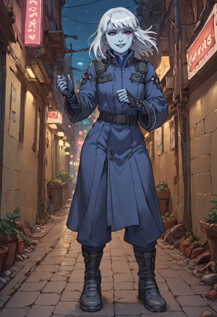 score_9, score_8_up, score_7_up, score_9, score_8_up, score_7_up, Cowboy Shot, Full Body Visual,
BREAK
static_pf, 1girl, white hair, purple eyes, blue skin,
BREAK
Standing in an action pose, Standing in alley at night, city at night, cyberpunk, neon light,
BREAK
DARK SAKURA BODYSUIT,
BREAK
Expressiveh, Smug, Smirk,