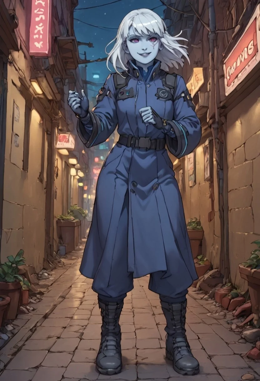 score_9, score_8_up, score_7_up, score_9, score_8_up, score_7_up, Cowboy Shot, Full Body Visual,
BREAK
static_pf, 1girl, white hair, purple eyes, blue skin,
BREAK
Standing in an action pose, Standing in alley at night, city at night, cyberpunk, neon light,
BREAK
DARK SAKURA BODYSUIT,
BREAK
Expressiveh, Smug, Smirk,