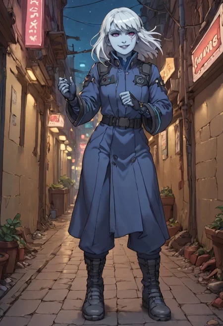 score_9, score_8_up, score_7_up, score_9, score_8_up, score_7_up, Cowboy Shot, Full Body Visual,
BREAK
static_pf, 1girl, white hair, purple eyes, blue skin,
BREAK
Standing in an action pose, Standing in alley at night, city at night, cyberpunk, neon light,
BREAK
DARK SAKURA BODYSUIT,
BREAK
Expressiveh, Smug, Smirk,
