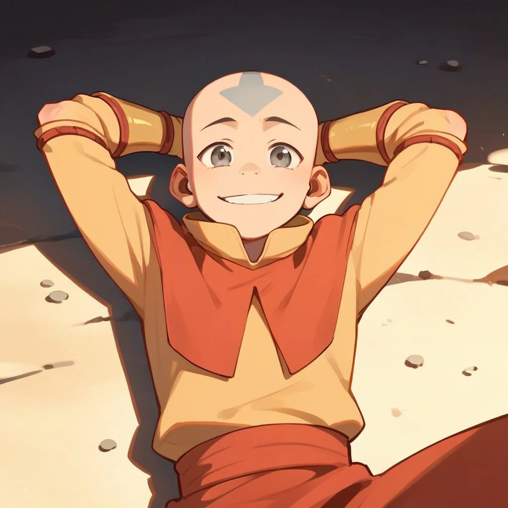 score_9, score_8_up, score_7_up, score_6_up, score_5_up, score_4_up, 1boy, Aangava, grey eyes, avatarstate, bald, laying on the ground, hands behind head, happy