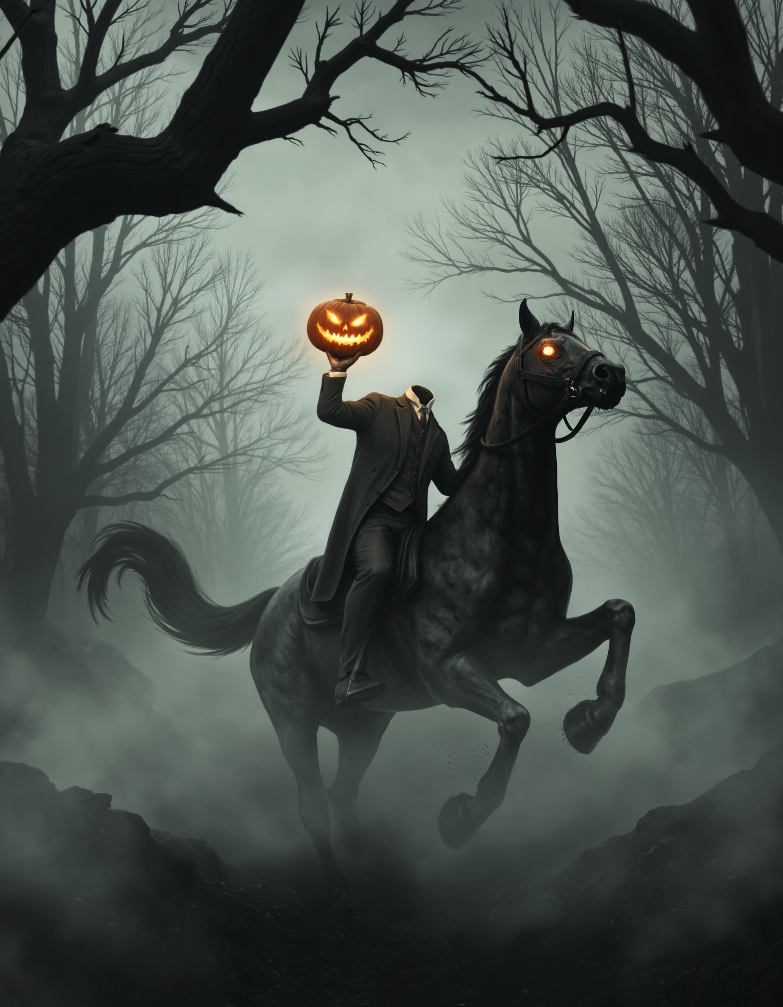 zavy-hdlsshrsmn, Low-angle close-up of a galloping horse shrouded in mist, a menacing figure of a headless horseman wielding a glowing pumpkin in one hand, dark and twisted forest filled with gnarled trees and swirling fog, cinematic horror style with dramatic lighting, muted grays and deep oranges creating an eerie atmosphere.