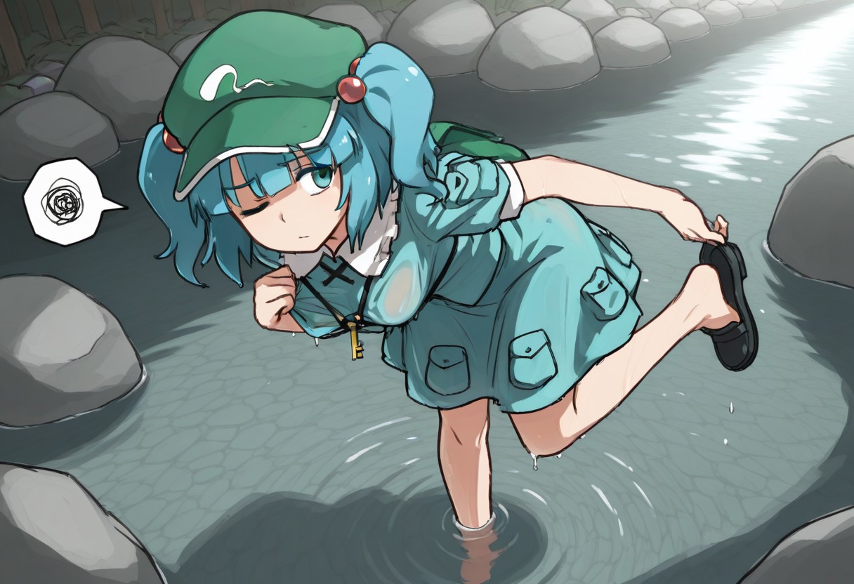 best quality, hires,
from above,
1girl, kawashiro nitori,
wet, wet clothes,
undressing, one eye closed, leaning forward, removing shoes, standing on one leg,
spoken squiggle, raised inner eyebrow,
river, water, rock, soaking feet, sunlight,