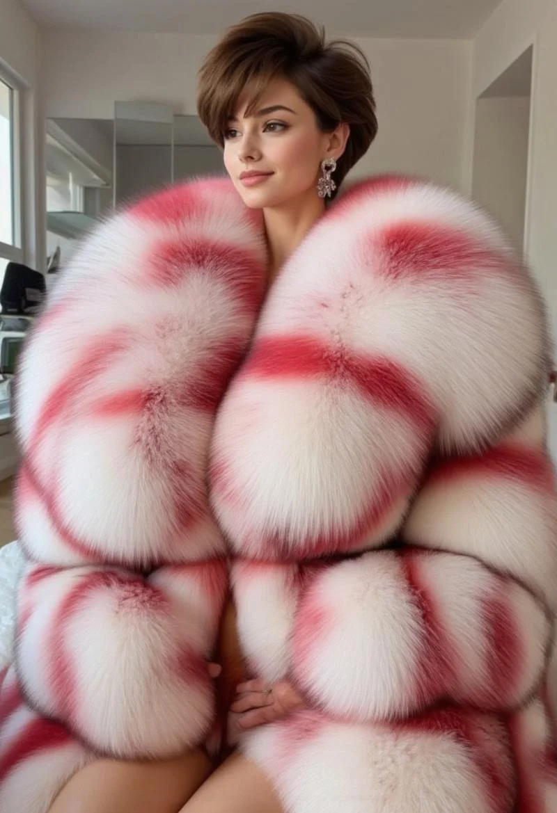 Stunning Russian woman with short brown hair, wearing a giant voluminous striped white and red fur coat. Face closeup. Huge fur coat. Tall, long legs, abs, very fit body, smile, seductive. Gorgeous face. Extravagant coat and hair, huge neck fur, earrings, fancy