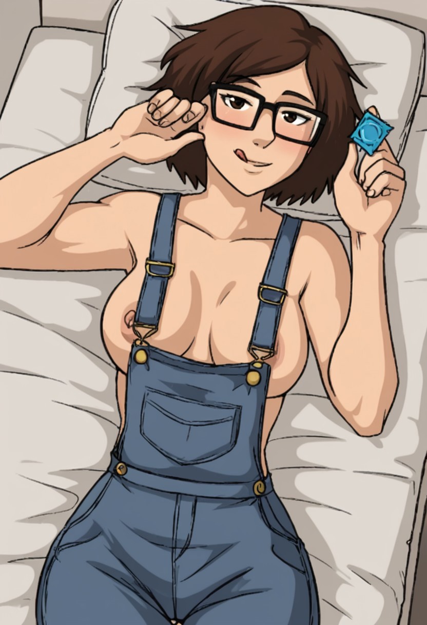 (fine texture, masterpiece, ultra-detailed, very awa, best quality, very aesthetic, absurdres, newest, volumetric lighting, scenery, score_9, score_8_up, score_7_up), BREAK,
1girl, qc, /faye/, sexy, short brown hair, brown eyes, large natural breasts, thick, toned, strong, collarbone, glasses, naked overalls, BREAK, 
lying, smile, licking lips, looking directly at viewer, wet pussy, blush, on back, holding condom, condom wrapper, close-up, from above, dutch angle, BREAK, 
Indoor, in bedroom, detailed background, (golden hour) light framing subject, dappled lighting