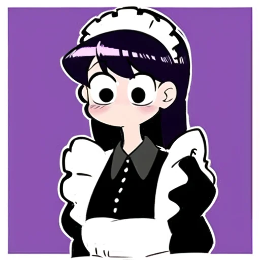 ((komi shouko)), 1girl, apron, black eyes, dotted background, emphasis lines,komi-san wa komyushou desu, long hair, looking at viewer, maid, (no mouth), (no nose), purple hair, self-upload, solo, sound effects, upper body, nose blush, large eyes, shaded face, border, outline