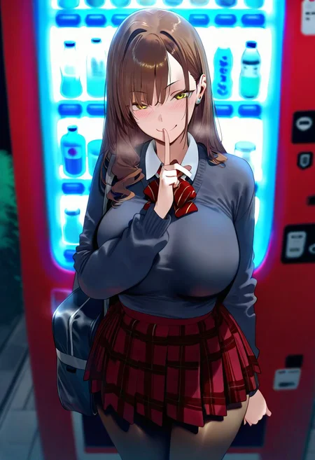 masterpiece, best quality, amazing quality, very aesthetic, absurdres, <lora:SET(illust)0.1v:1>,
1girl, solo, long hair, breasts, looking at viewer, blush, shirt, large breasts, skirt, brown hair, long sleeves, ribbon, closed mouth, jewelry, standing, pantyhose, outdoors, cowboy shot, earrings, pleated skirt, hand up, bag, blurry, sweater, plaid, neck ribbon, red skirt, plaid skirt, finger to mouth, brown pantyhose, shoulder bag, stud earrings, vending machine, naughty face,