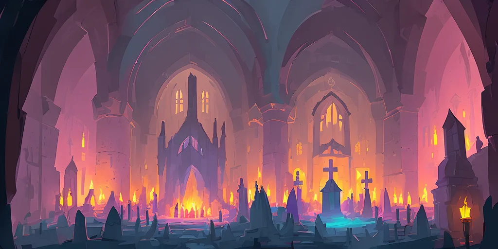 a dark cavernous cave monastery lit by torches and sconces with pink and teal magical energy surrounded by tombstones and monuments graveyard 512PaintStyle3-Light