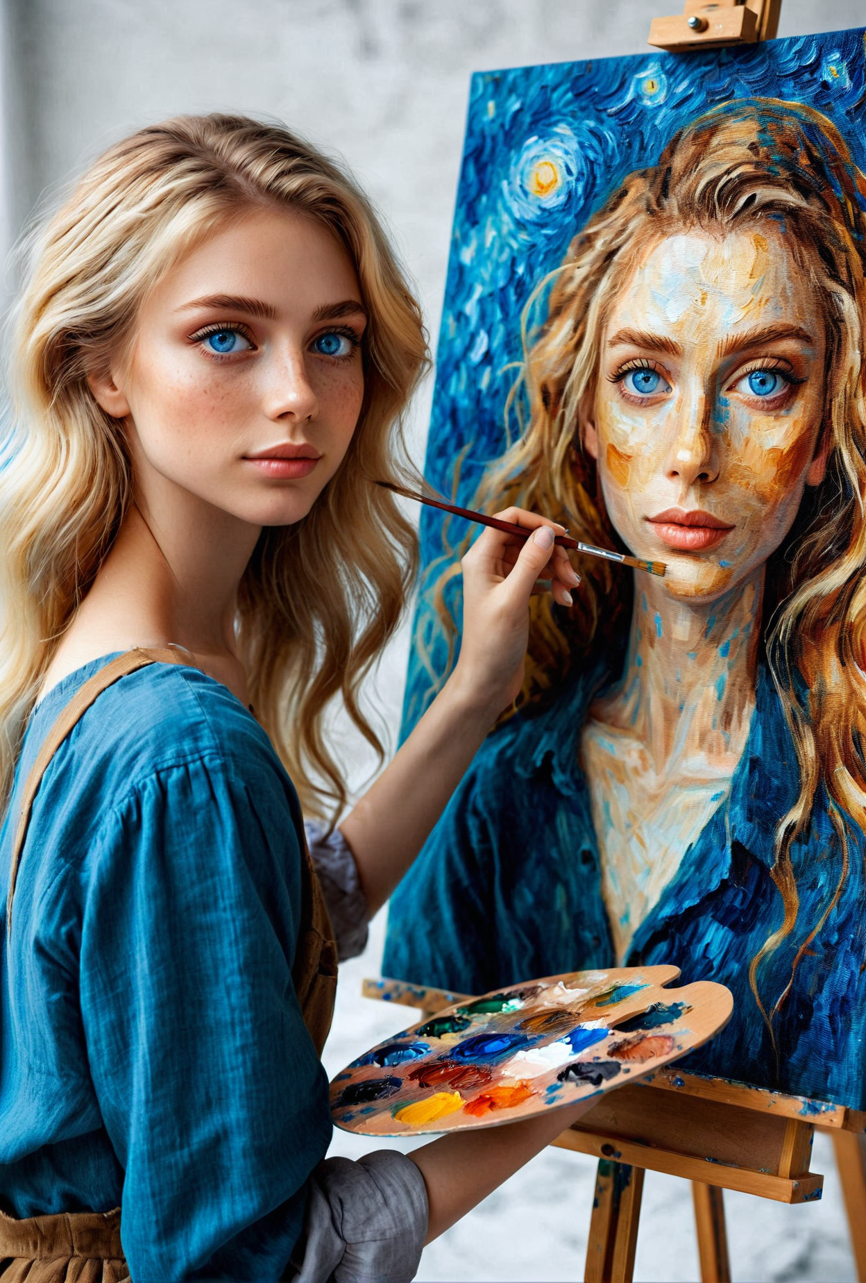 photo of a woman painting a van gogh style self-portrait, canvas, palette, 1girl, blue eyes, long blonde hair, <lora:paintingselfportrait:0.7>