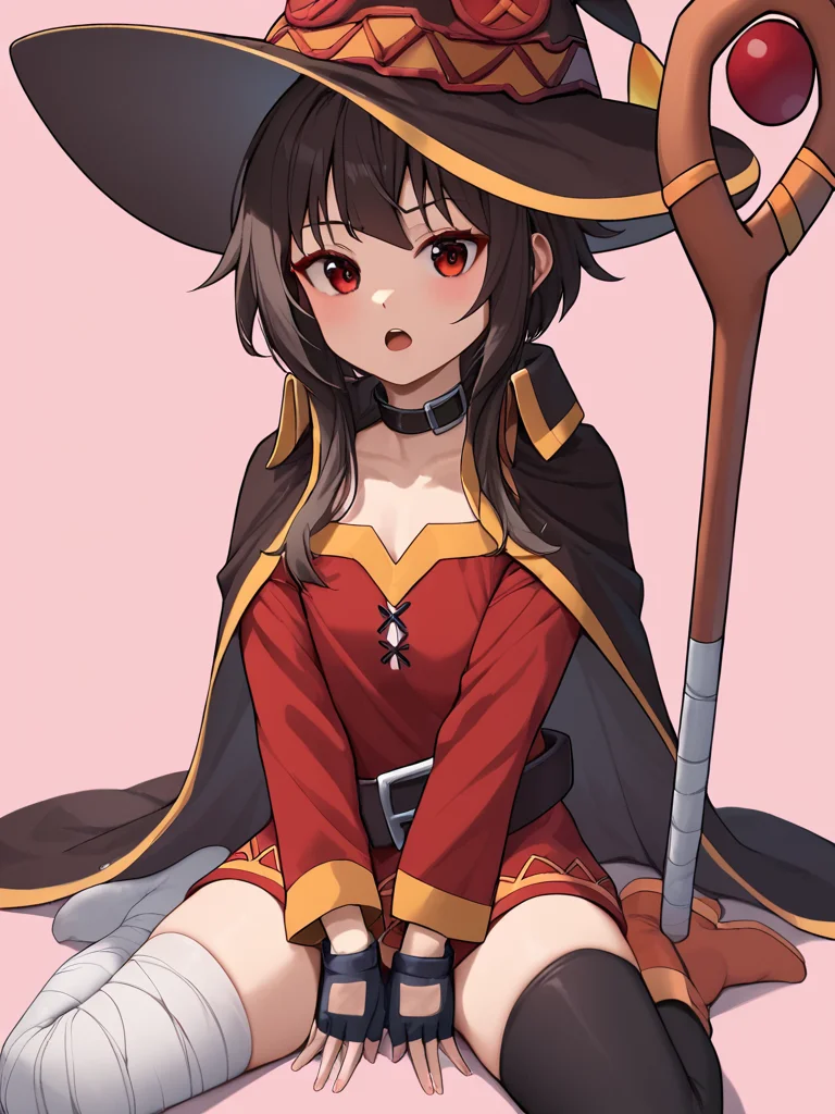 score_9,score_8_up,score_7_up, <lora:megumin:1>,sidelocks, revision, dress, black_thighhighs, commentary_request, collar, long_sleeves, simple_background, bandages, sitting, solo, cape, fingerless_gloves, witch_hat, single_thighhigh, looking_at_viewer, pink_background, staff, 1girl, :o, belt, open_mouth, megumin