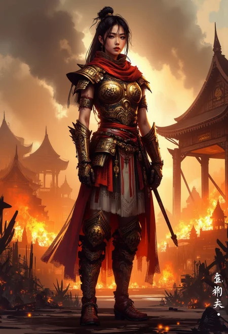inksketch, A digital painting in the style of ck-js,  portrait of a stunning chinese bronze age warrior woman, bronze armor, leather greek style warrior skirt, greaves, standing in front of burning bronze age town