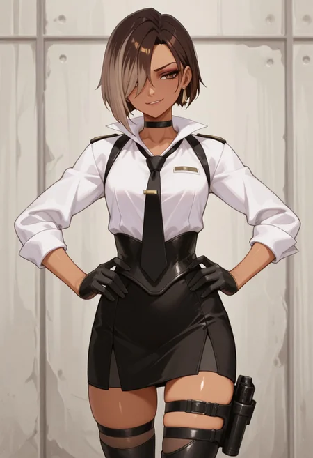 absurdres, masterpiece, best quality, very aesthetic, HDR, 8K, ultra-detailed, anime, 748cmstyle, standing, strongbox, upper body, front view, hands on hips,
1girl, solo, Antonia_Fortnite, dark-skinned female, short hair, brown hair, multicolored hair, two-tone hair, asymmetrical hair, hair over one eye, brown eyes, jewelry, earrings, makeup, black necktie, black gloves, black skirt, high heels, black choker, white shirt, thigh strap, thigh holster, thighhighs, holstered weapon, black footwear, skindentation, shiny skin, (skinny), dominant female, evil smirk,