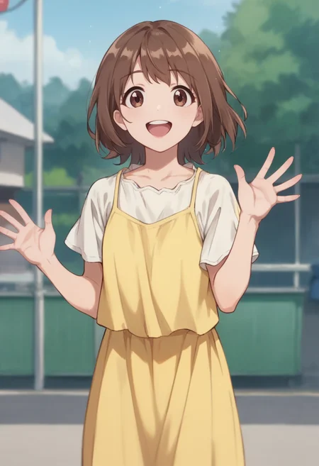 score_9_up,score_8_up,score_7_up,<lora:NPA_KN_v0.9_PONY-000022:1>,
NPA_KN,1girl,solo,smile,brown hair,looking at viewer,brown eyes,white shirt,yellow dress,short hair,cowboy_shot,upper teeth only,open mouth,waving