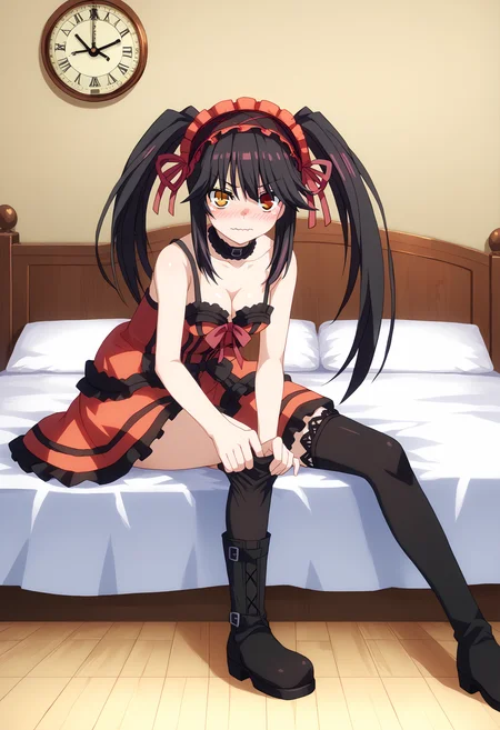 score_9, score_8_up, score_7_up, source_anime,
BREAK
1girl, solo,
<lora:shiKurumiV2:1> kurdef, long hair, black hair, twintails, red eyes, yellow eyes, clock eyes, heterochromia, hairband, bare shoulders, detached sleeves, choker, red dress, cleavage, bow, black thighhighs, lace-up boots,
<lora:shiPuttingOnPantyhoseV1:1.0>, shiwearingpantyhose, putting on legwear, sitting,
adjusting legwear, clothes pull,
thighhighs,
looking at viewer,
indoors, bed, blush, wavy mouth,