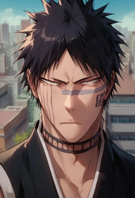 score_9, score_8_up, score_7_up, score_6_up, score_5_up, score_4_up, HisagiShuhei69, 1boy, face close-up, black sleeveless Kimono, looking at viewer, city in background