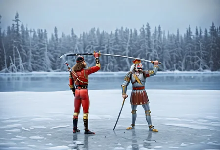 (nutcracker) sword fighting against the (nutcracker); 2 opponents,
high guard sword parry stance,
at a frozen lake,
realistic photo,
sfw