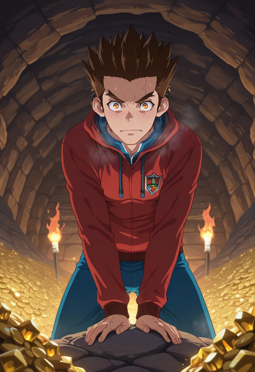 masterpiece, best quality, , semi-realistic, looking at viewer, 1boy, solo, male focus, <lora:taiju_ooki_ilxl:0.98>, taiju_ooki, brown hair, brown eyes, short hair, spiked hair, dragon's lair, treasure pile, glowing crystals, steam vents, sneaking pose, nervous expression, torch light, Ski pants, Rugby hoodie, , ,