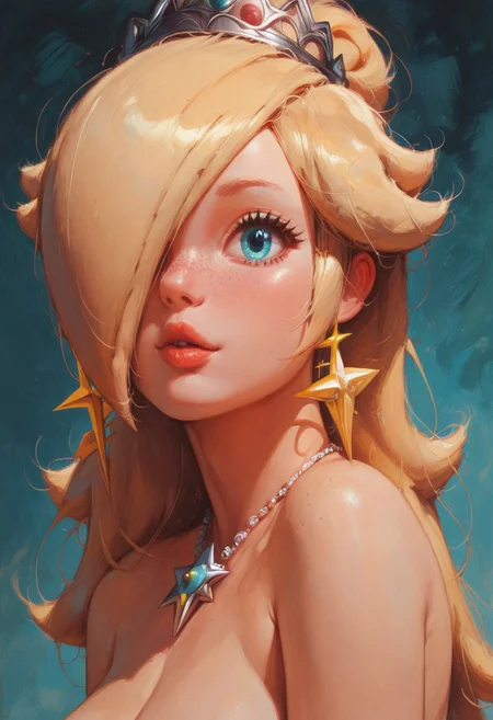 score_9, score_8_up, score_8, score_9, score_8_up, score_8, highres,  solo, cute girl, 35 years old girl,bride,
hair updo, blonde hair, bangs haircut, big eyes, cute face, beautiful face, pretty face, freckles, putting on red lipstick, doing her makeup, looking at viewer, face focus,  natural large breasts, glowing, neon, norman rockwell style, oil painting, (((princess rosalina:1.5)))