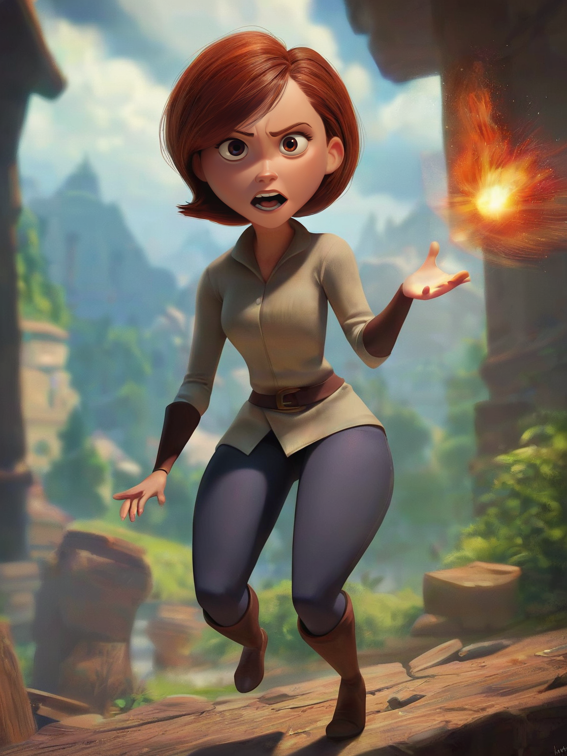 <lora:Helen_Parr:0.6> pa_rr, 1girl, ginger hair, brown eyes, mage, magic, epic, full body, score_9, score_8_up, score_7_up,