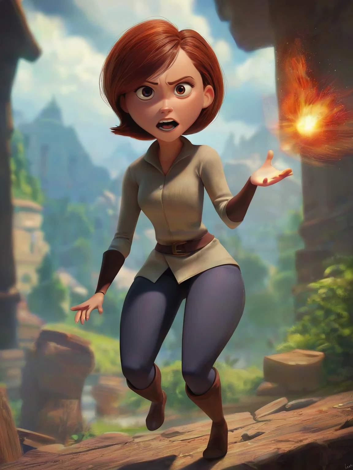 <lora:Helen_Parr:0.6> pa_rr, 1girl, ginger hair, brown eyes, mage, magic, epic, full body, score_9, score_8_up, score_7_up,
