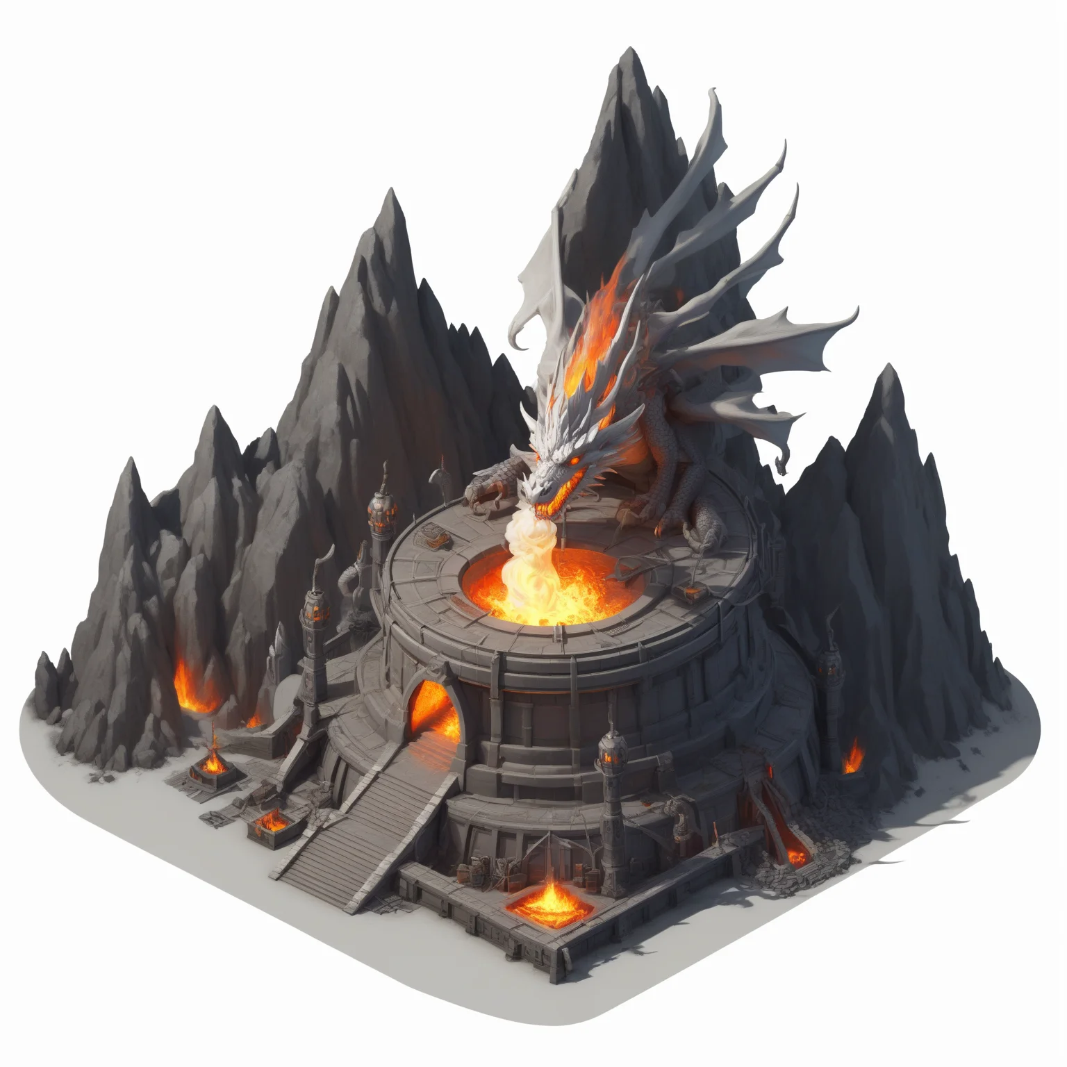 (((masterpiece))),(((best quality))),((ultra-detailed)),solo,isometric,
WAM_bd,solo,
A forge in the Dragon's Breath Mountains, with a large furnace in the center, surrounded by anvils and hammers, and the furnace flames never extinguish,,
(white background, simple background:1.5),fantasy art,
<lora:WAMå»ºçæ¨¡å:0.8>