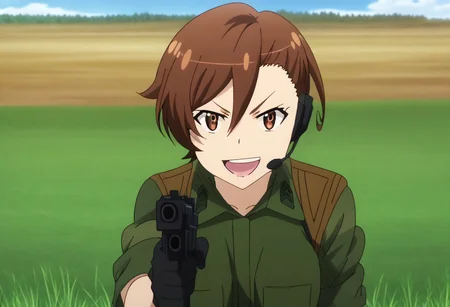 anime screencap, smug smile, open mouth, 1girl, highres, solo, solo focus, shiho, army, short hair, bangs, hair intakes, hair between eyes, headset, shirt, gloves, collared shirt, black gloves, dress, black dress, holding weapon, holding gun, handgun, pistol, sky, field, grass, holding weapon, holding gun, aiming, glasses