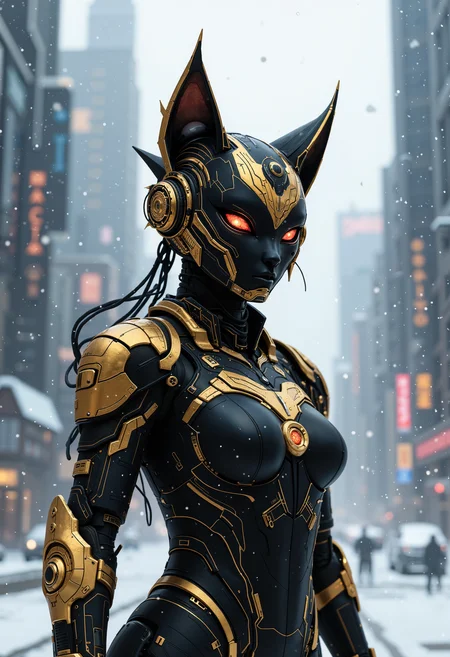 bo-golden, a futuristic character with cat-like features and glowing red eyes, standing in a snowy cityscape<lora:boFLUX Golden Noir Abyss.safetensors:1.0:1.0>