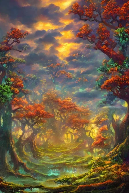 impressionism oil painting,
fantasy forest,
an expansive ancient forest, featuring towering oaks, diverse wildlife, a variety of flora, and a feeling of grandeur,
glowwave,
dawn,
thunderstorm, and many small clouds, and slightly cloudy, FanLan,