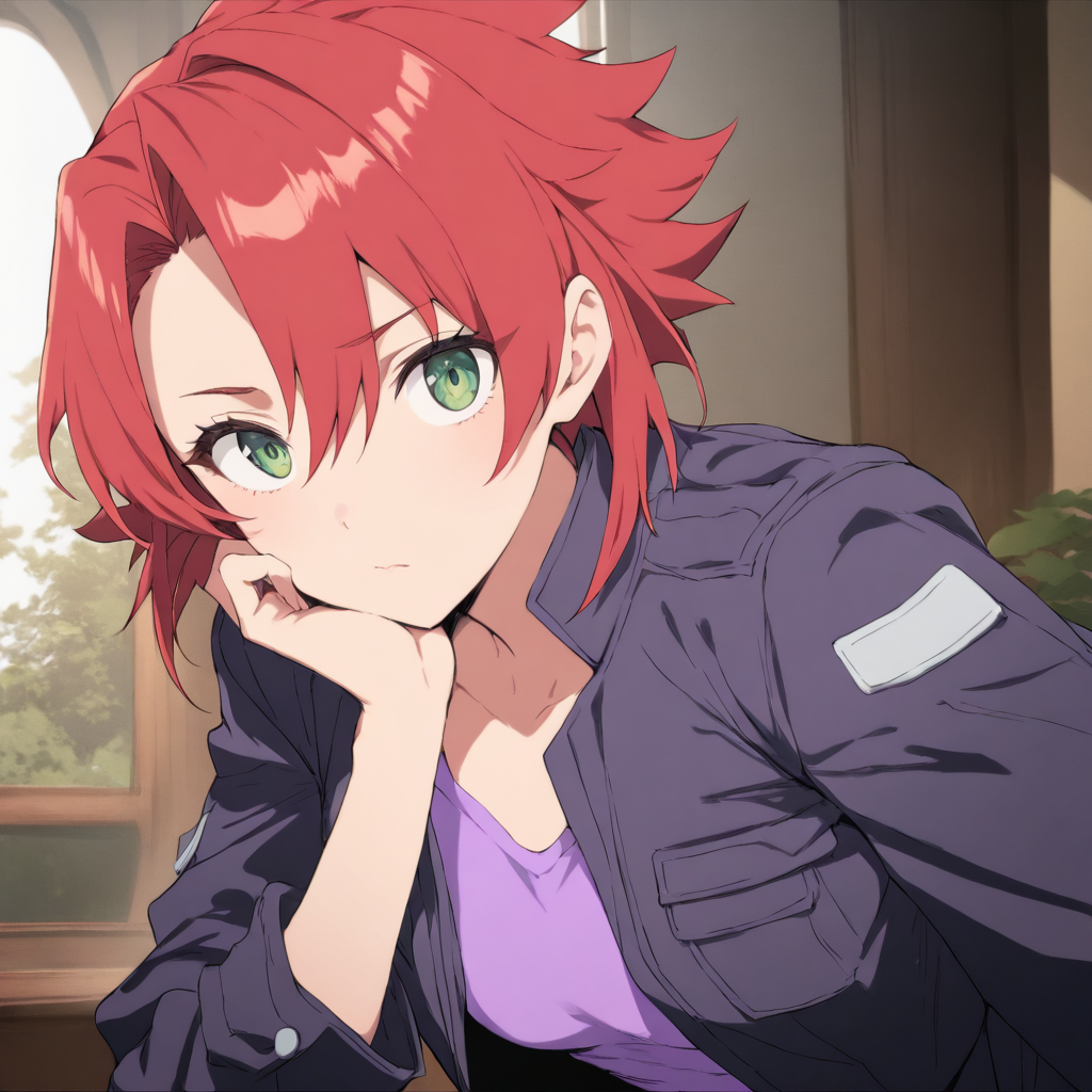 solo,looking at viewer,upper_body,masterpiece,high score,great score,absurdres,jacket,purple shirt,<lora:Chiaia_Flan ag4o v1:1> chiaiaflan, short hair, red hair, green eyes,