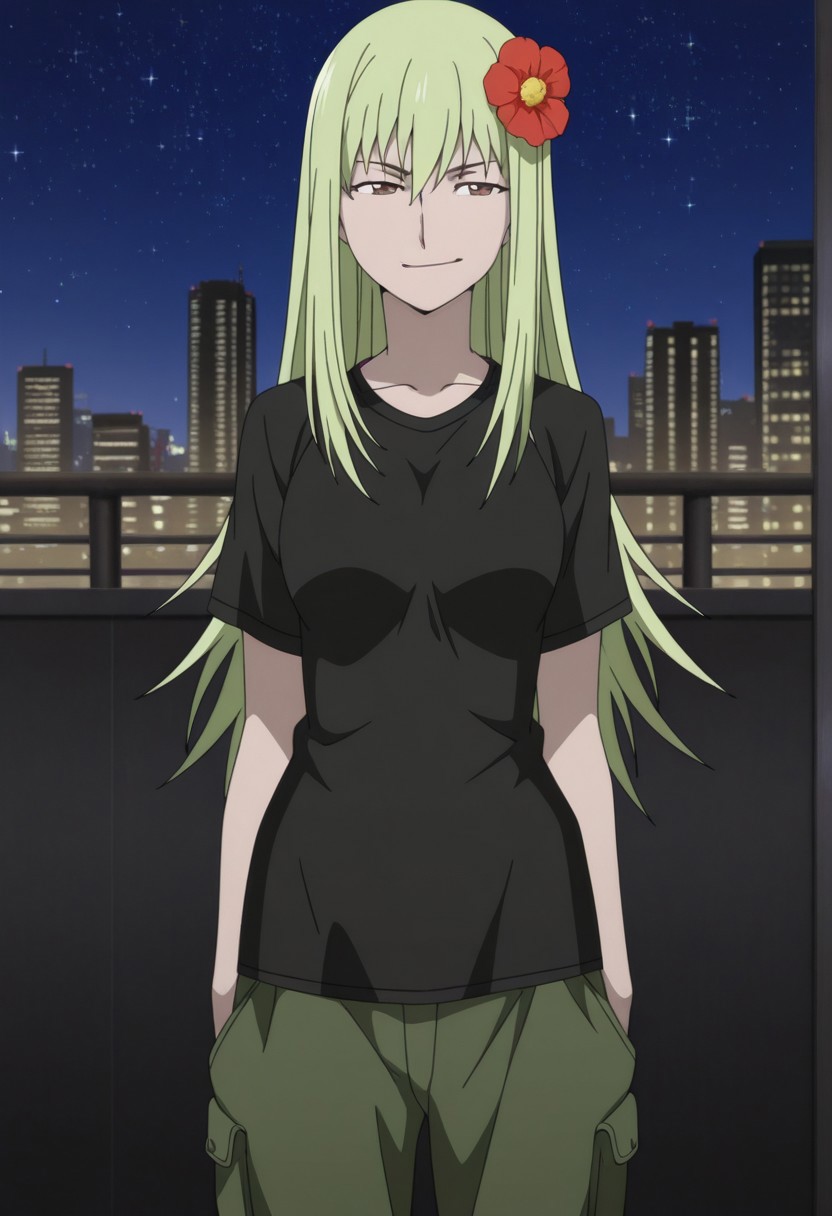 masterpiece,perfect quality,best quality,absolutely eye-catching,absurdres,highres,newest,anime coloring, anime screencap,(1girl,solo), Amber_Fake, Adult, green hair, brown eyes, long hair, t-shirt, black t-shirt, cargo pants, hair flower, standing, smirk, city, tokyo, night, skyline, stars, sky, night sky, starry sky